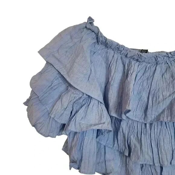 Aqua Women's Sky Blue Rayon/Nylon Off the Shoulder Cropped Ruffle Shirt - Picture 3 of 7